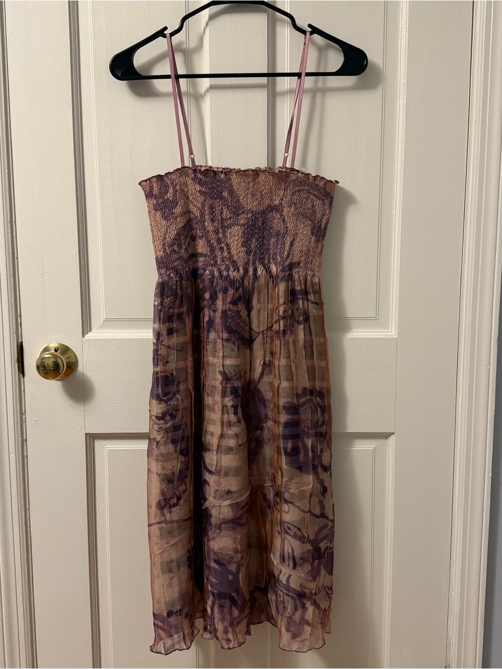 Max Studio Mauve Purple & Champagne Floral Smocked Spaghetti Strap Dress, S
